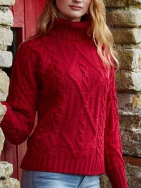Aran Mor Bright Merino Wool Red Cable Knit Turtleneck Sweater Size Medium